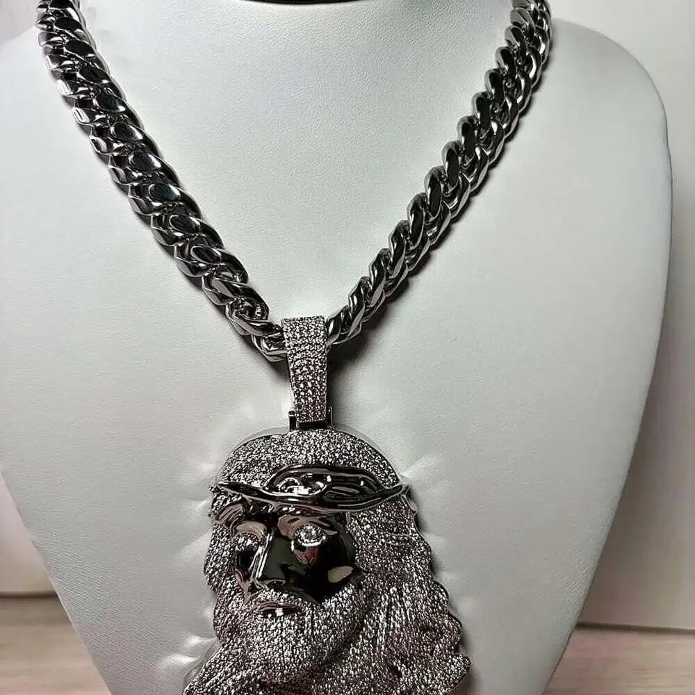 Silver Iced Out Jesus Pendant With Cuban Link 20inch